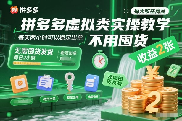 拼多多虚拟类实操教学，不用囤货、不用发货，每天两小时可以稳定出单，每天收益2张-聚业