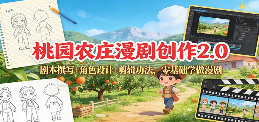桃园农庄漫剧创作2.0:剧本撰写+角色设计+剪辑功法,零基础学做漫剧-聚业