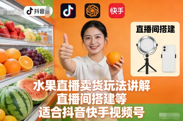 水果直播卖货玩法讲解、直播间搭建等,适合抖音快手视频号-聚业