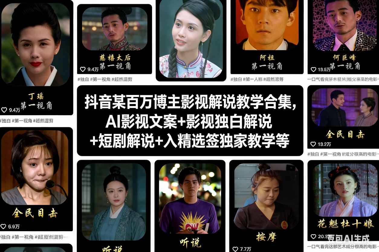 抖音某百万博主影视解说教学合集,AI影视文案+影视独白解说+短剧解说+入精选签独家教学等-聚业