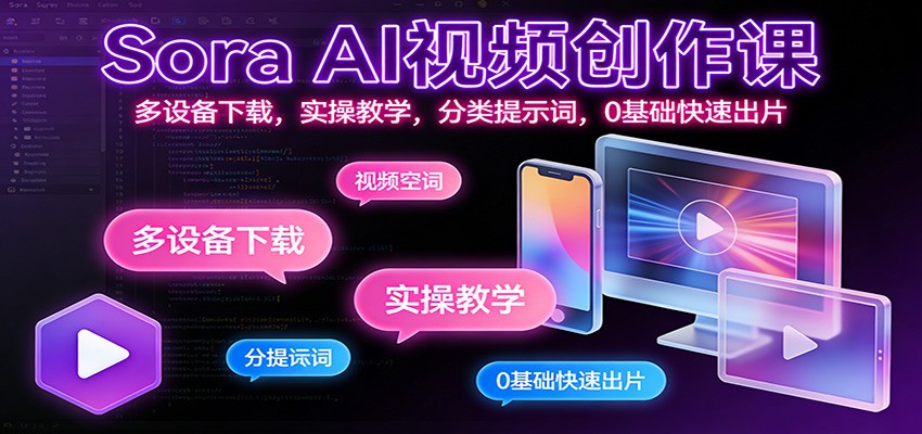 Sora AI视频创作课：多设备下载，实操教学，分类提示词，0基础快速出片-聚业