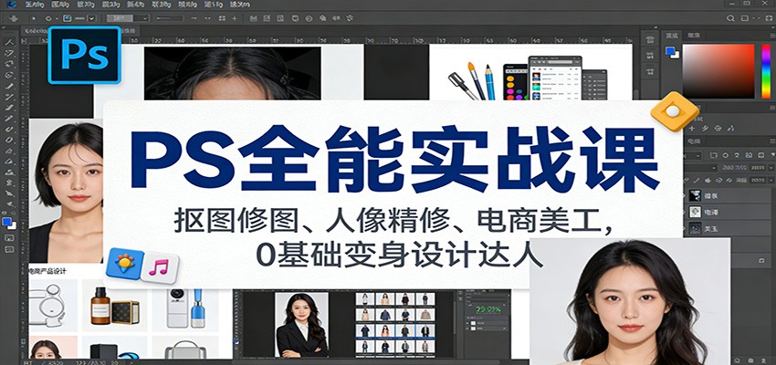 PS全能实战课：抠图修图、人像精修、电商美工，0基础变身设计达人-聚业