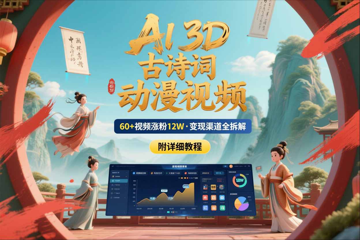 AI制作3D古诗词动漫视频,60多个视频涨粉12W,多个变现渠道拆解【附详细教程】-聚业