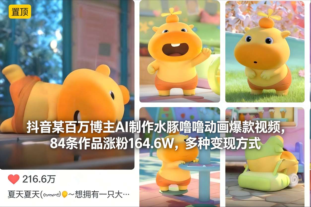 抖音某百万博主AI制作水豚噜噜动画爆款视频，84条作品涨粉164.6W，多种变现方式-聚业