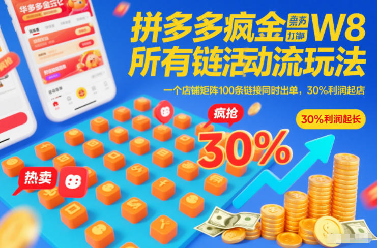 拼多多疯狂活动流玩法，所有链接全部打标，一个店铺矩阵100条链接同时出单，30%利润起店-聚业