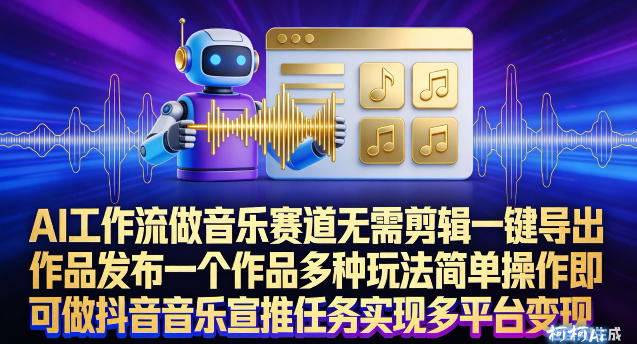 AI工作流做音乐赛道,无需剪辑,一键导出作品发布,一个作品多种玩法,简单操作即可做抖音音乐宣推任务-聚业