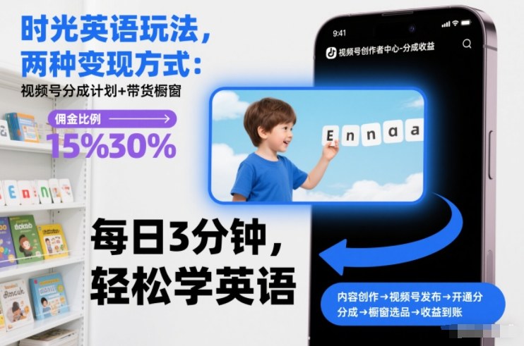 时光英语玩法,两种变现方式:视频号分成计划+带货橱窗-聚业