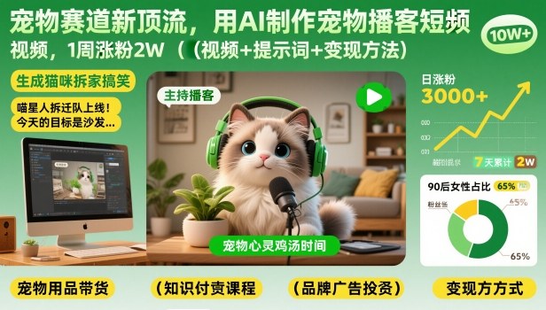 宠物赛道新顶流,用AI制作宠物播客短视频,1周涨粉2W(视频+提示词+变现方法)-聚业