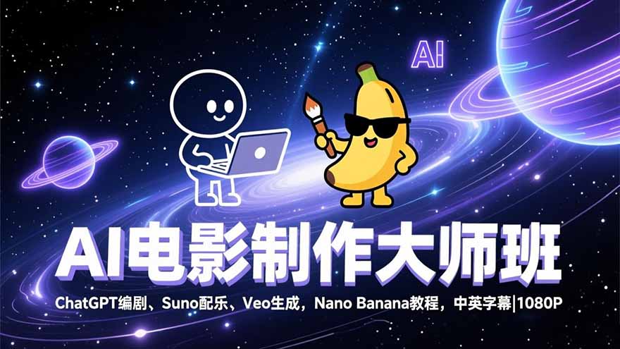 AI电影制作大师班:ChatGPT编剧、Suno配乐、Veo生成,Nano Banana教程,中英字幕|1080P-聚业