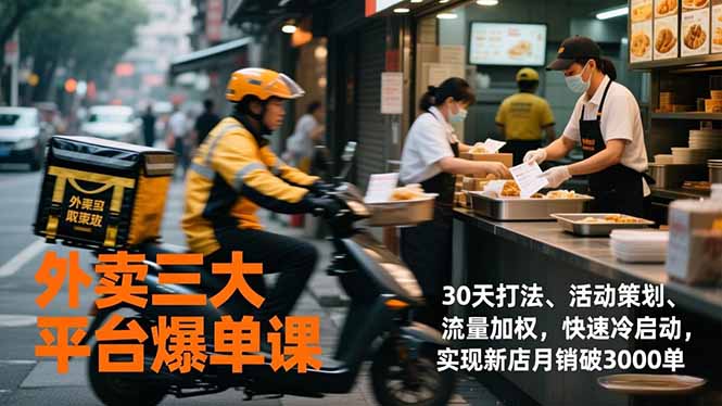 外卖三大平台爆单课，30天打法、活动策划、流量加权，快速冷启动，实现新店月销破3000单-聚业