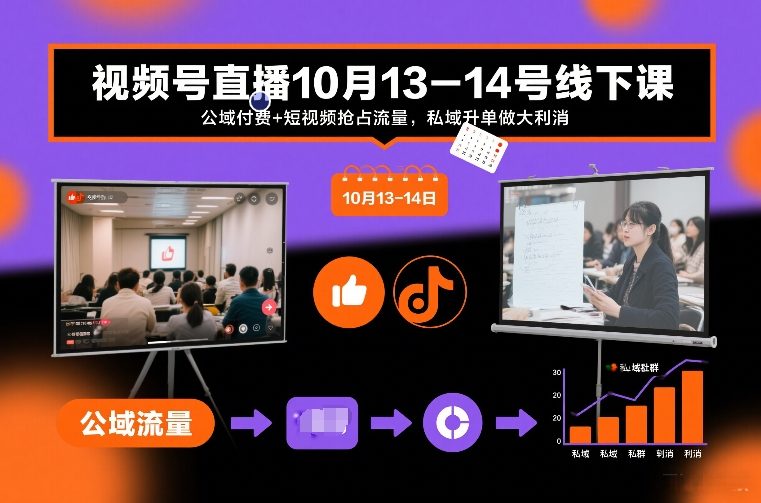 视频号直播10月13-14号线下课,公域付费+短视频抢占流量,私域升单做大利消-聚业