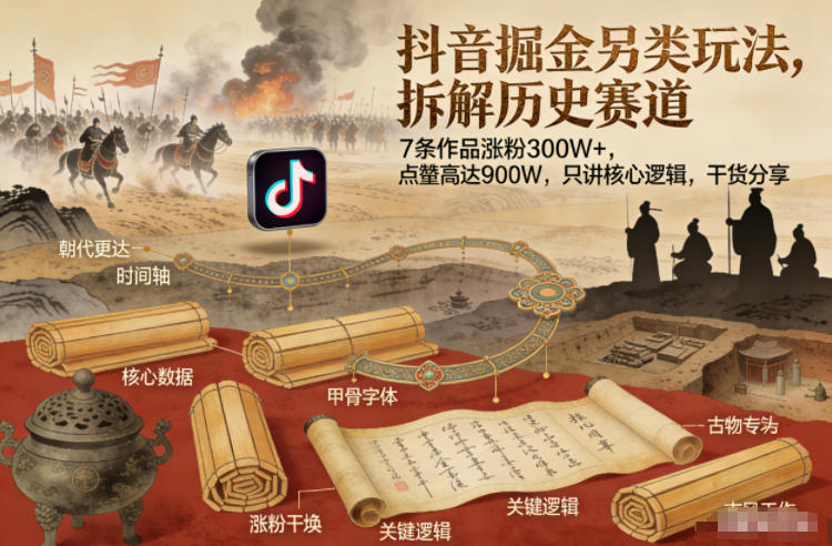 抖音掘金另类玩法，拆解历史赛道，7条作品涨粉300W+，点赞量高达900W，只讲核心逻辑，干货分享-聚业