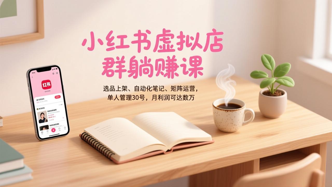 小红书虚拟店群躺赚课，选品上架、自动化笔记、矩阵运营，单人管理30号，月利润可达数万-聚业
