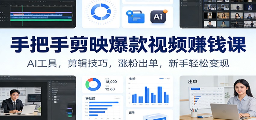 手把手剪映爆款视频赚钱课:AI工具,剪辑技巧,涨粉出单,新手轻松变现-聚业