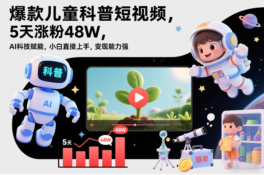 爆款儿童科普短视频，5天涨粉48W，AI科技赋能，小白直接上手，变现能力强，橱窗带货爆单不停-聚业