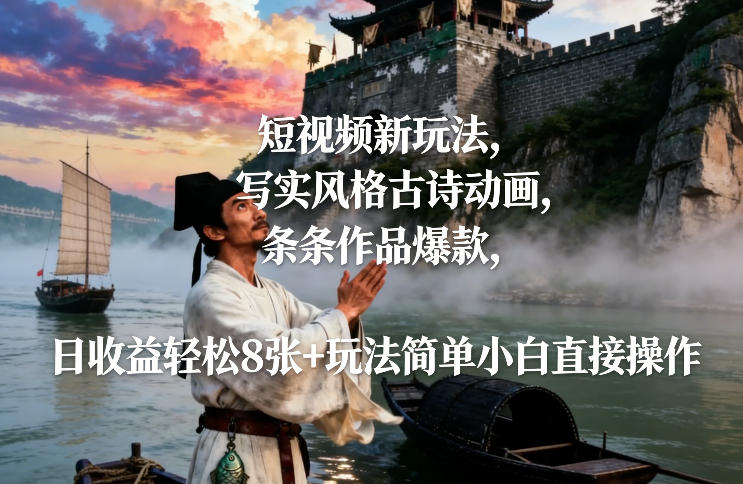短视频新玩法，写实风格古诗动画，条条作品爆款，日收益轻松8张+玩法简单小白直接操作-聚业