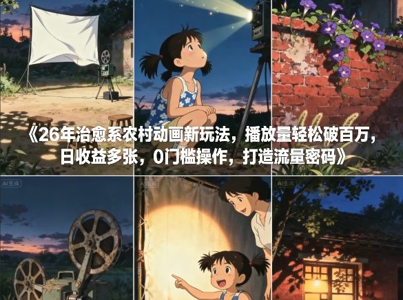 26年治愈系农村动画新玩法，播放量轻松破百万，日收益多张，0门槛操作，打造流量密码-聚业