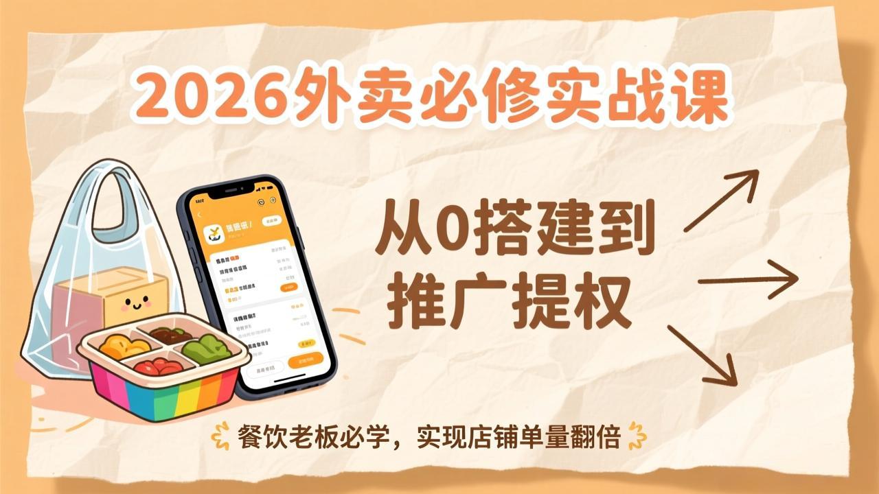 2026外卖必修实战课:从0搭建到推广提权,餐饮老板必学,实现店铺单量翻倍-聚业