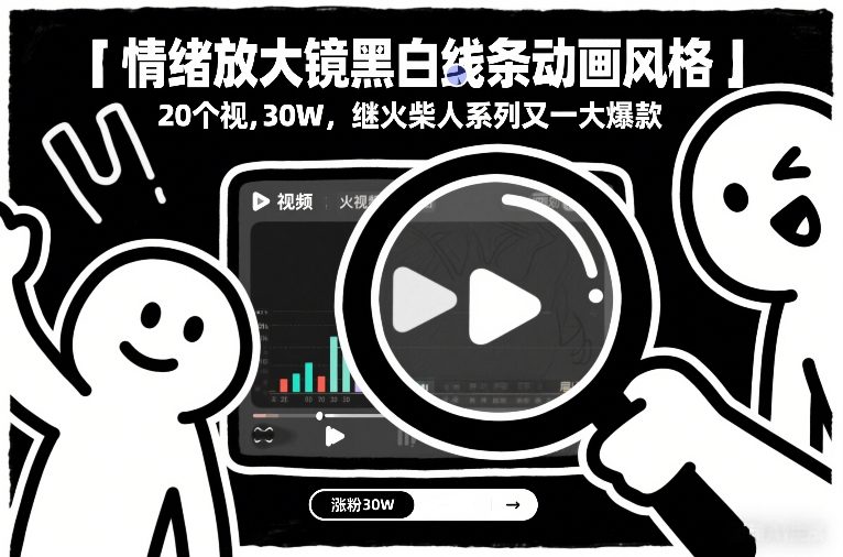 情绪放大镜黑白线条动画风格,20个视频,涨粉30W,继火柴人系列又一大爆款-聚业