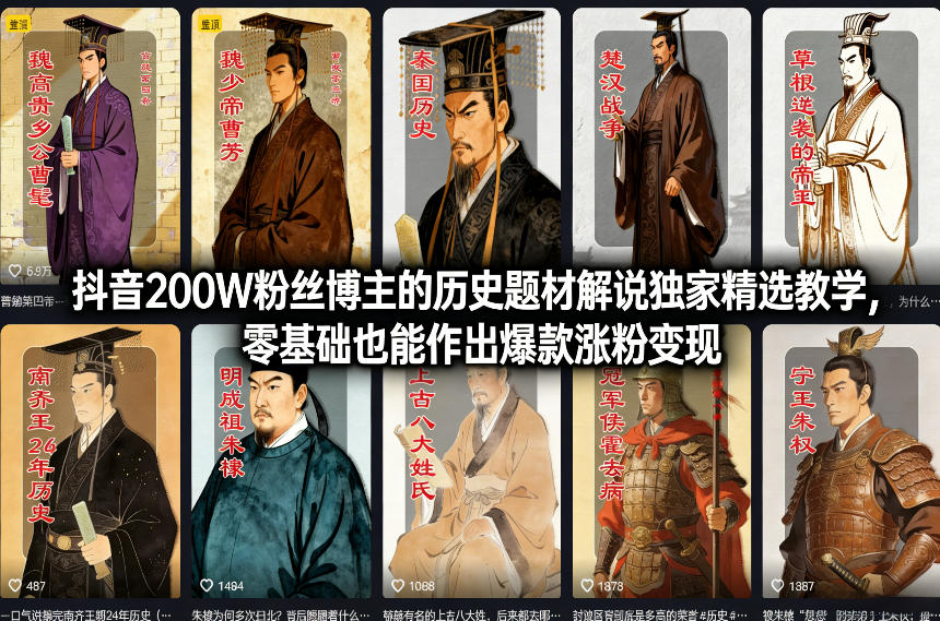 抖音200W粉丝博主的历史题材解说独家精选教学，零基础也能作出爆款涨粉变现-聚业