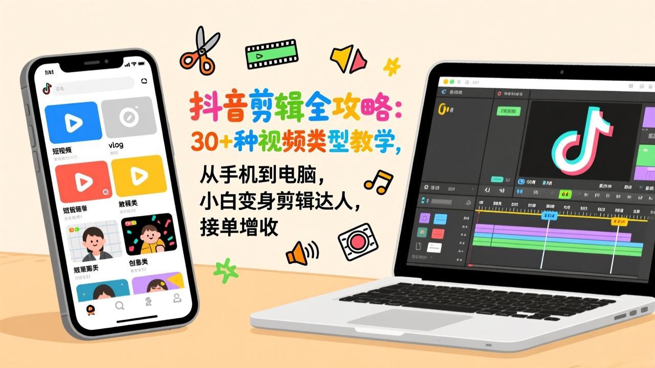 抖音剪辑全攻略：30+种视频类型教学，从手机到电脑，小白变身剪辑达人，接单增收-聚业