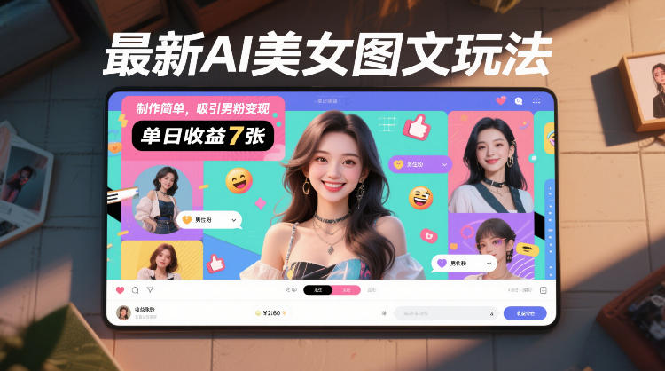 最新AI美女图文玩法,制作简单,吸引男粉变现,单天收益7张-聚业