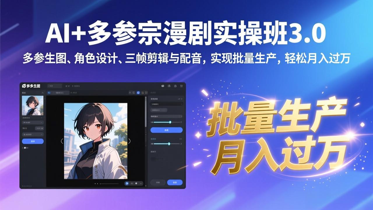 AI+多参宗漫剧实操班3.0:多参生图、角色设计、三帧剪辑与配音,实现批量生产,轻松月入过万-聚业