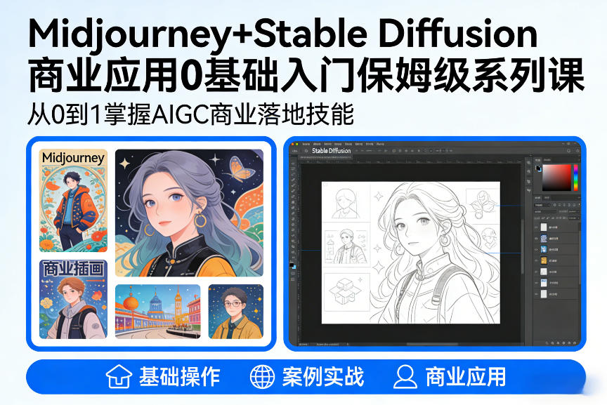 AIGC商业应用Midjourney+Stable Diffusion教程,0基础入门保姆级系列课-聚业