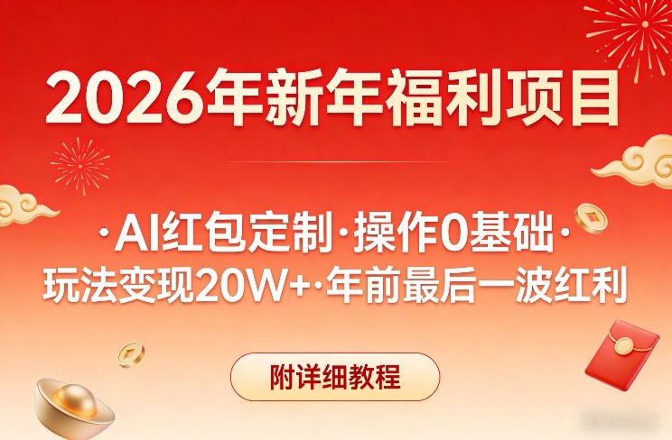 新年福利项目,AI红包定制,操作0基础,玩法变现20W+年前最后一波红利,附详细教程-聚业
