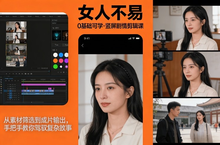 0基础可学!《女人不易》竖屏剧情剪辑课,从素材筛选到成片输出,手把手教你驾驭复杂故事-聚业