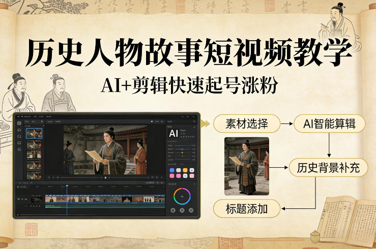 历史人物故事短视频教学,AI+剪辑制作历史人物题材短视频,快速起号涨粉-聚业