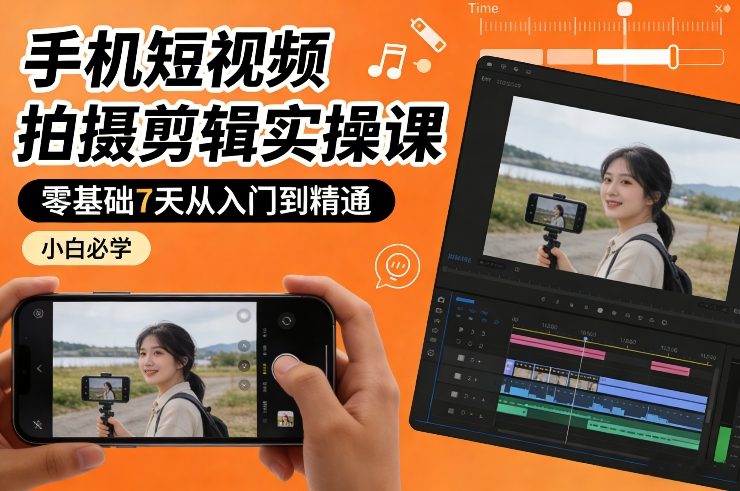手机短视频拍摄剪辑实操课，零基础7天从入门到精通，小白必学-聚业
