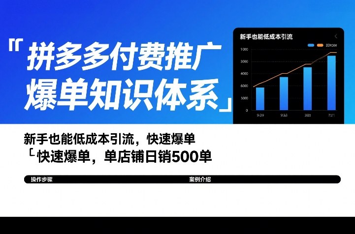 拼多多付费推广爆单知识体系，新手也能低成本引流，快速爆单，单店铺日销500单-聚业