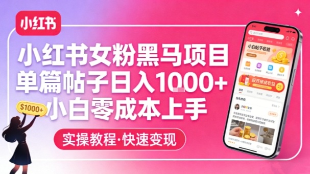 小红书女粉黑马项目，单篇帖子日入1k+，小白零成本上手-聚业