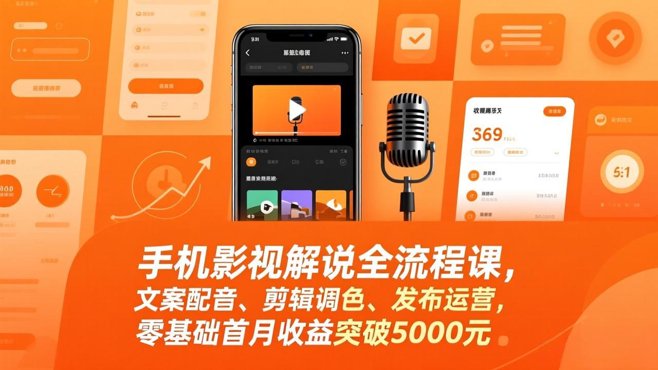 手机影视解说全流程课,文案配音、剪辑调色、发布运营,零基础首月收益突破5000元-聚业