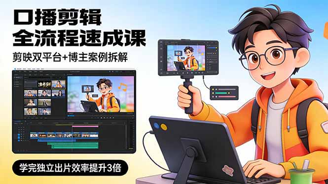 口播剪辑全流程速成课,剪映双平台+博主案例拆解,学完独立出片效率提升3倍-聚业