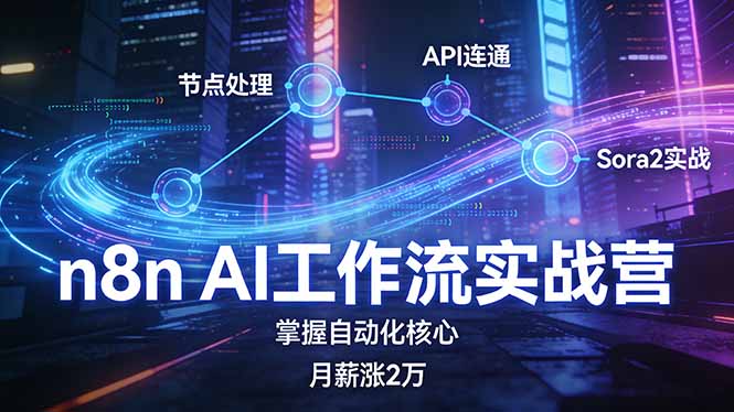 n8n AI工作流实战营,节点处理+API连通+Sora2实战,掌握自动化核心月薪涨2万-聚业