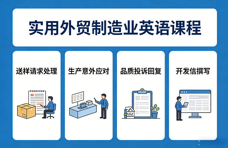 实用外贸制造业英语课程，教你专业处理送样请求、应对生产意外、回复品质投诉、撰写开发信等-聚业
