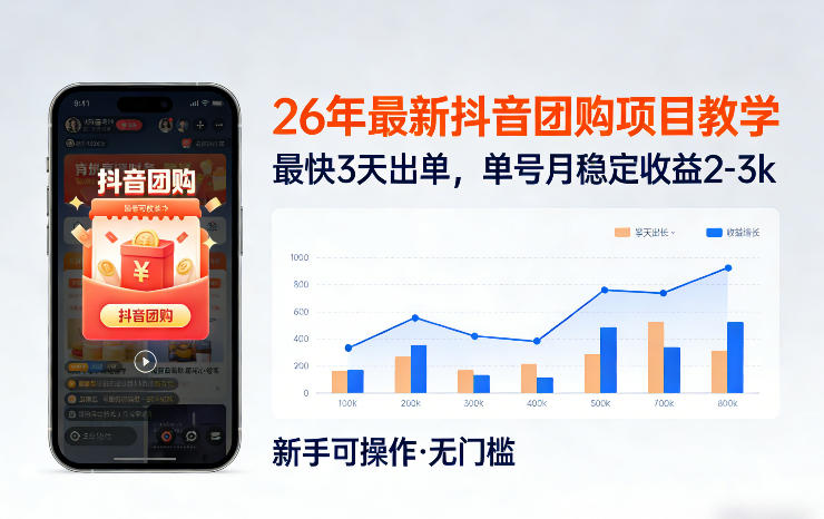 26年最新抖音团购项目教学，0门槛，最快3天出单，单号月稳定收益2-3k-聚业