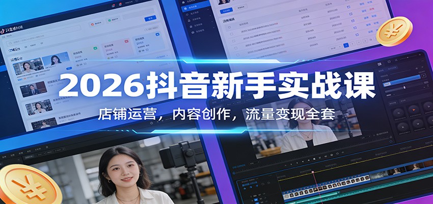 2026抖音新手实战课：店铺运营，内容创作，流量变现全套-聚业