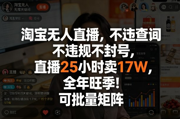 淘宝无人直播,不违规不封号,直播25小时卖17W,全年旺季!可批量矩阵【揭秘】-聚业
