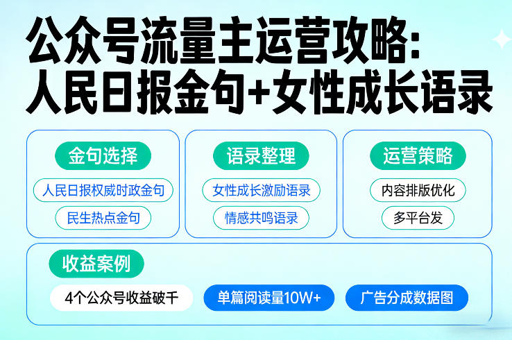 利用人民日报金句+女性成长语录做公众号流量主,4个公众号收益破千-聚业