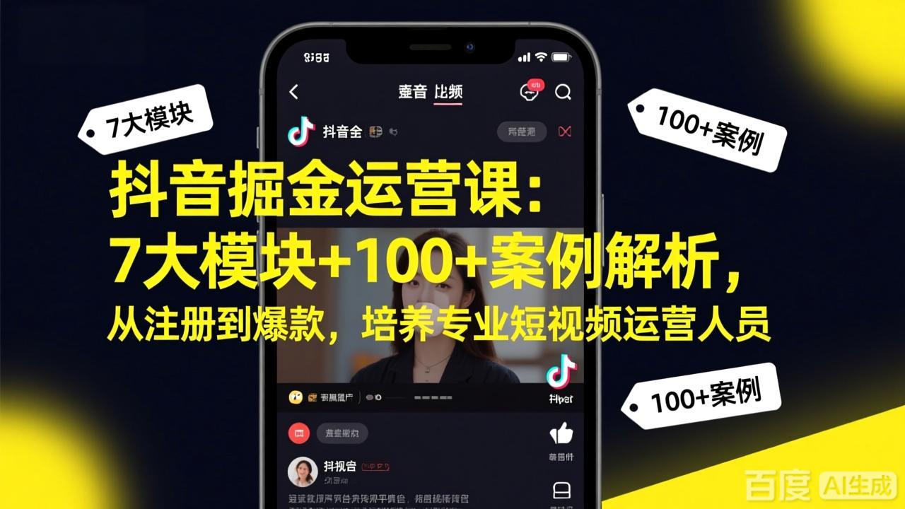 抖音掘金运营课：7大模块+100+案例解析，从注册到爆款，培养专业短视频运营人员-聚业