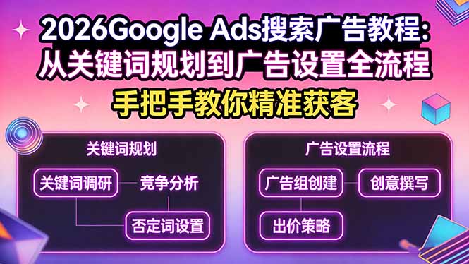 2026Google Ads搜索广告教程:从关键词规划到广告设置全流程,手把手教你精准获客-聚业