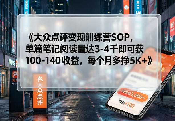 大众点评变现训练营SOP,单篇笔记阅读量达3-4千即可获100-140收益,每个月多挣5K+-聚业