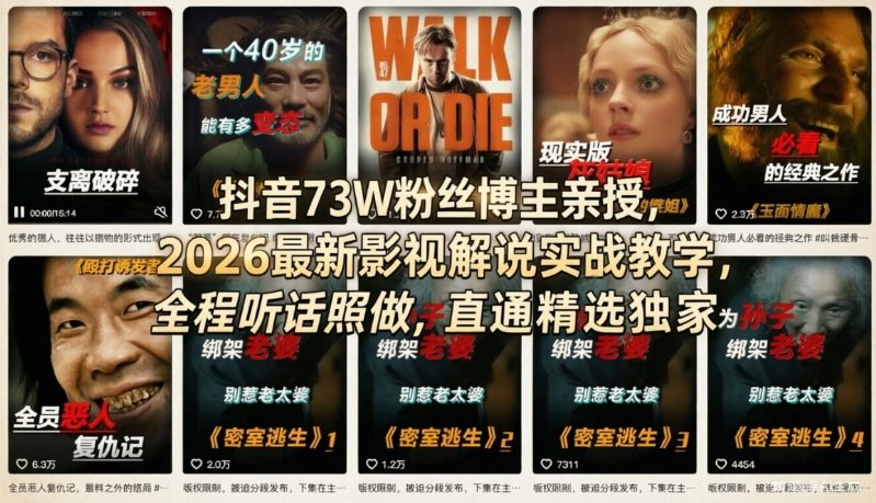 抖音73W粉丝博主亲授,2026最新影视解说实战教学,全程听话照做,直通精选独家-聚业