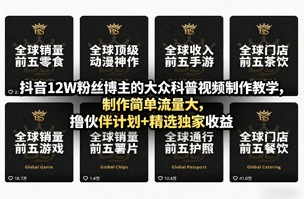 抖音12W粉丝博主的大众科普视频制作教学,制作简单流量大,撸伙伴计划+精选独家收益-聚业