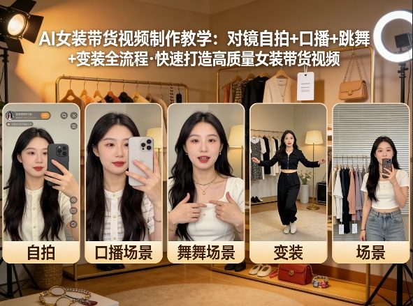 AI女装带货视频制作教学,对镜自拍、口播、跳舞、变装全流程,快速打造高质量女装带货视频-聚业