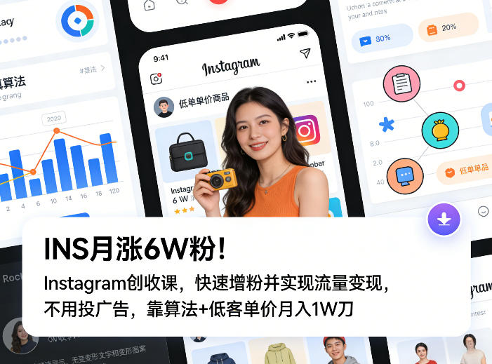 INS月涨6W粉！Instagram创收课，快速增粉并实现流量变现，不用用投广告，靠算法+低客单价月入1W刀-聚业
