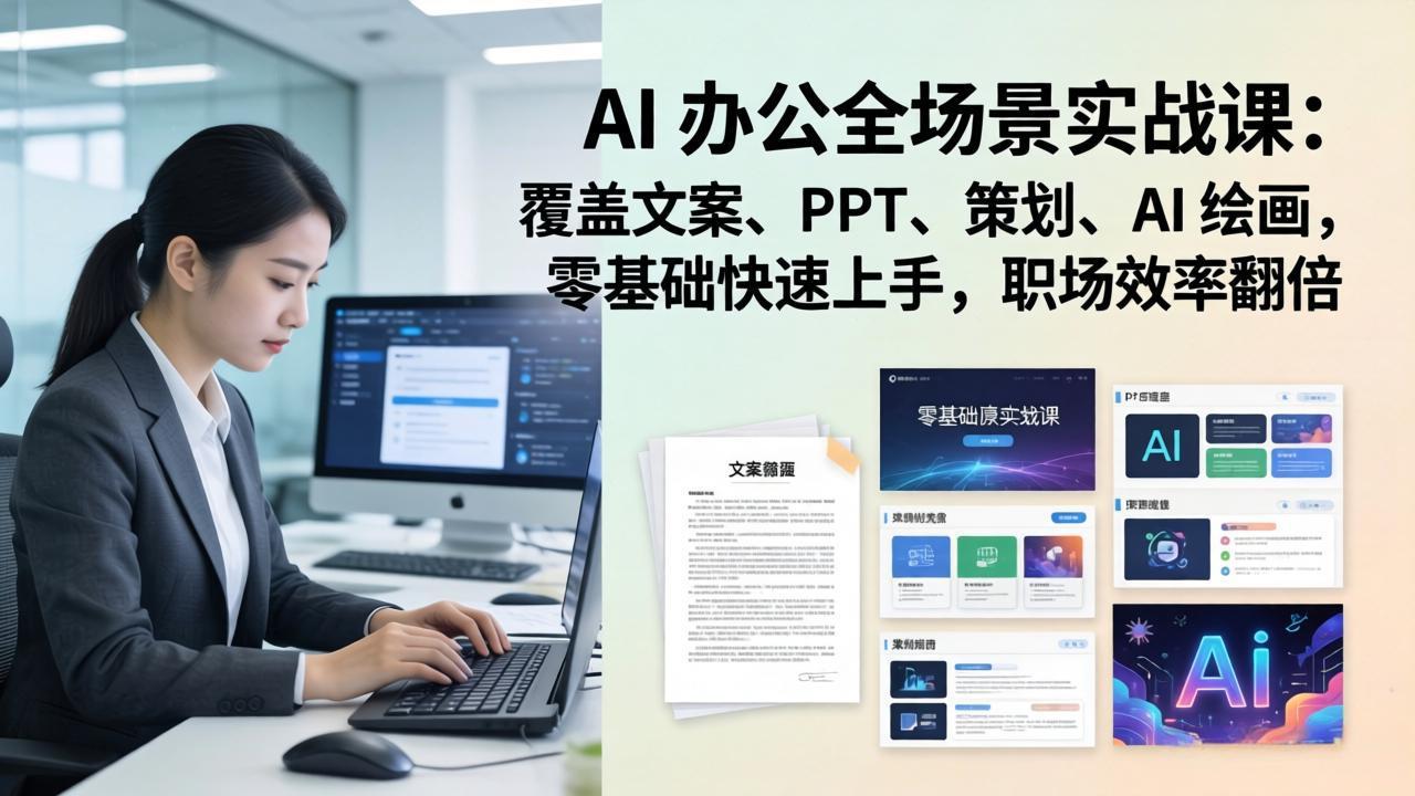 AI 办公全场景实战课:覆盖文案、PPT、策划、AI 绘画,零基础快速上手,职场效率翻倍-聚业